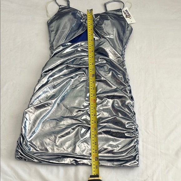 Silver Metallic Ruched Mini Dress - Picture 7 of 9